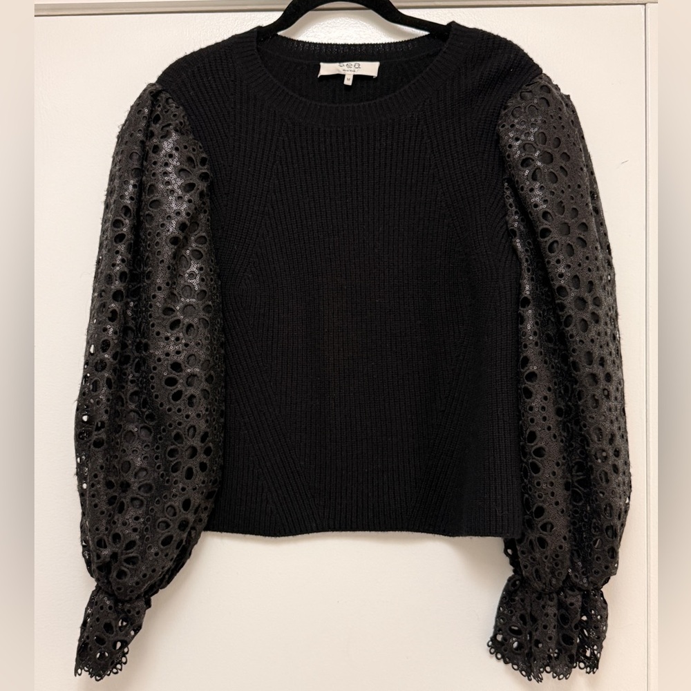 Sea New York Black Crewneck Sweater with Eyelet Puff Sleeves